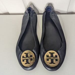 Tory Burch Womens Minnie Travel Ballet Leather Slip On Shoes Blue Size 9